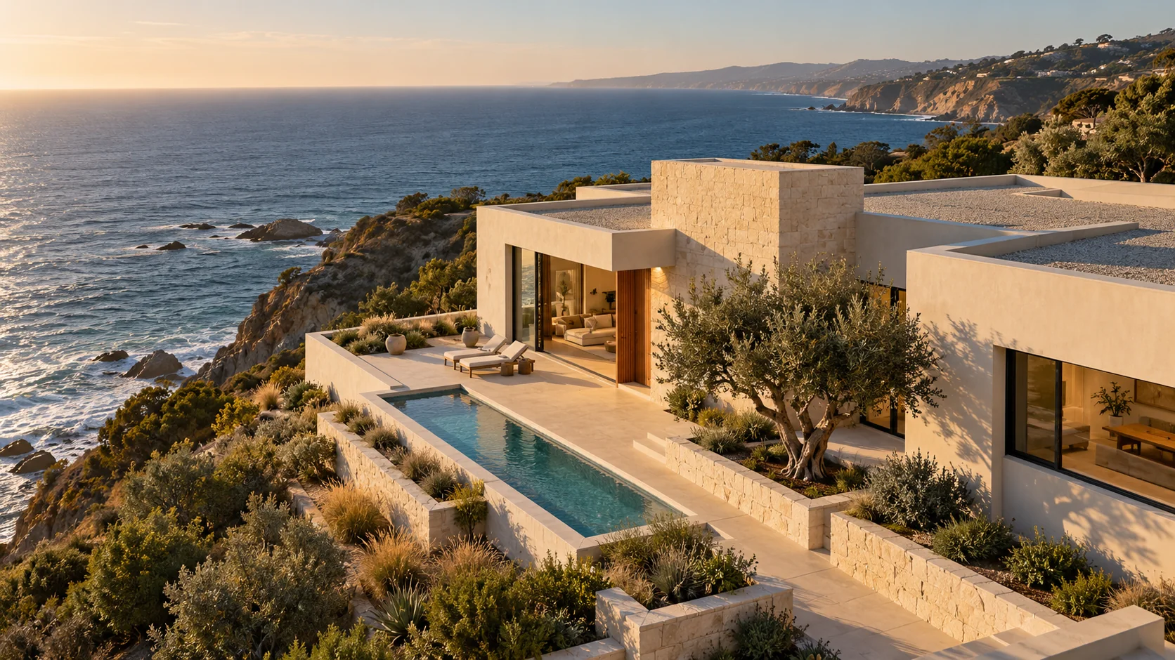 Imagined coastal limestone residence seen from an elevated perspective.