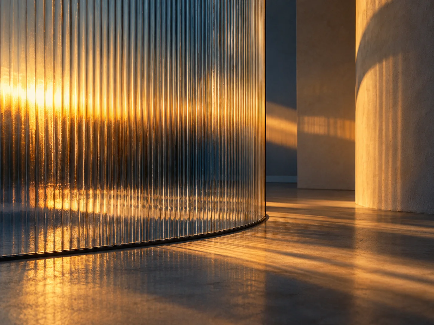 Amber sunlight refracting through ribbed glass onto ivory plaster.
