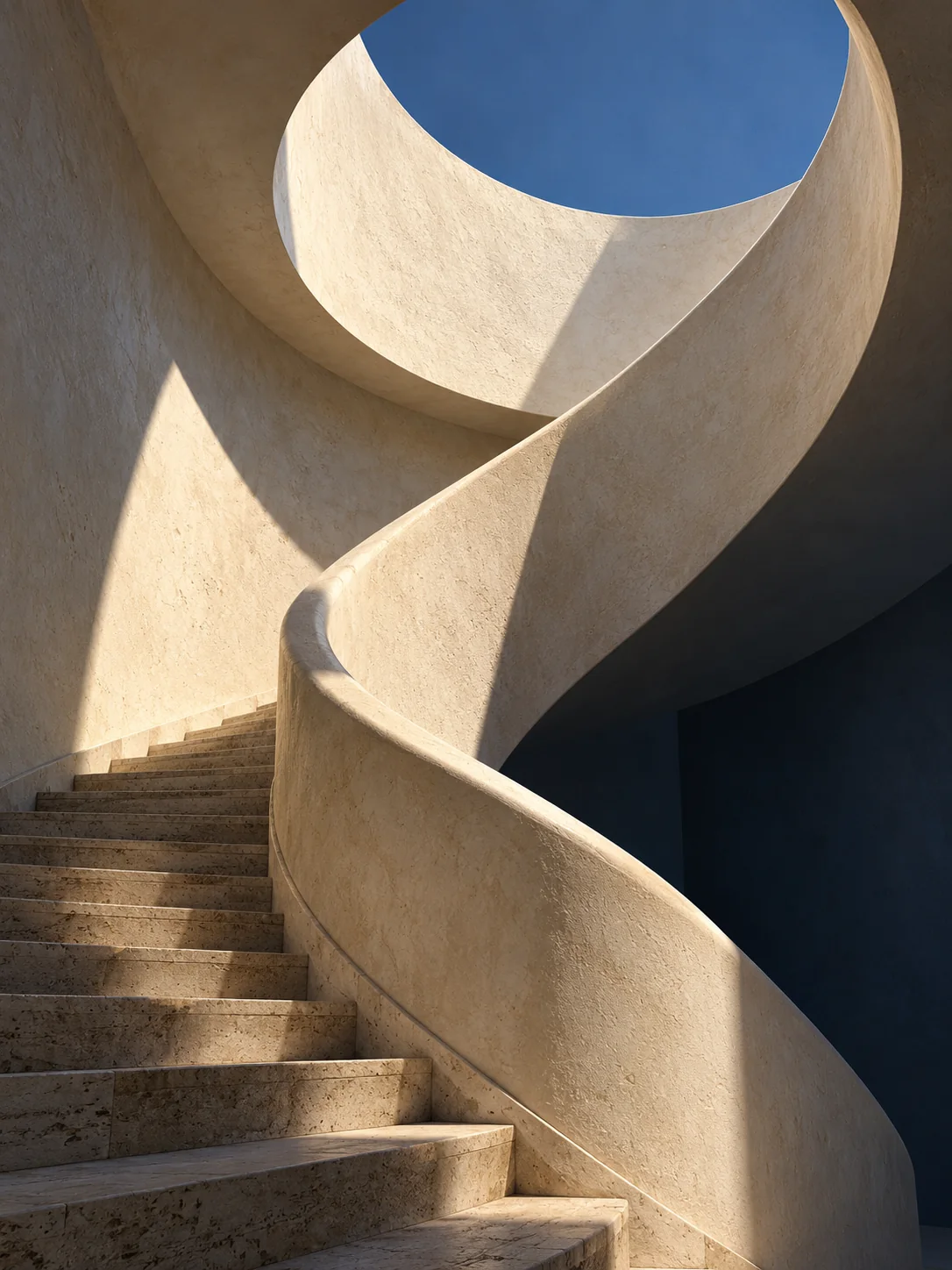 Imagined curved limestone stair rising toward a circular blue skylight.